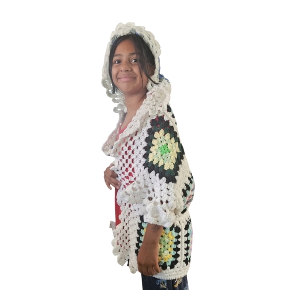 Hand Crafted Crochet Granny Square Cardigan open front Hooded Colorfull Sweater - Picture 12 of 17